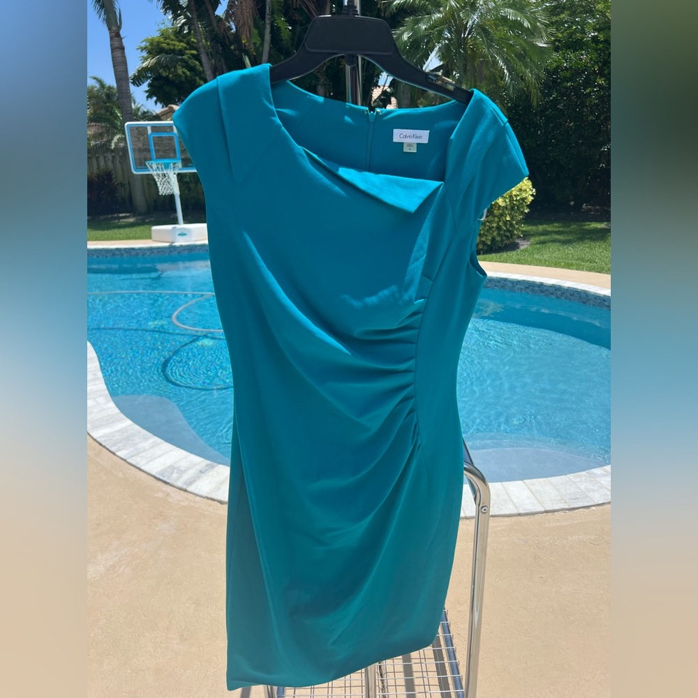 Calvin Klein Women's Teal Blue Sleeveless Ruched Sheath